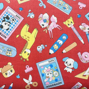 Retro Kawaii Animals and School Supplies Cotton Fabric by Marron Nagao, Imported from Japan, Red 