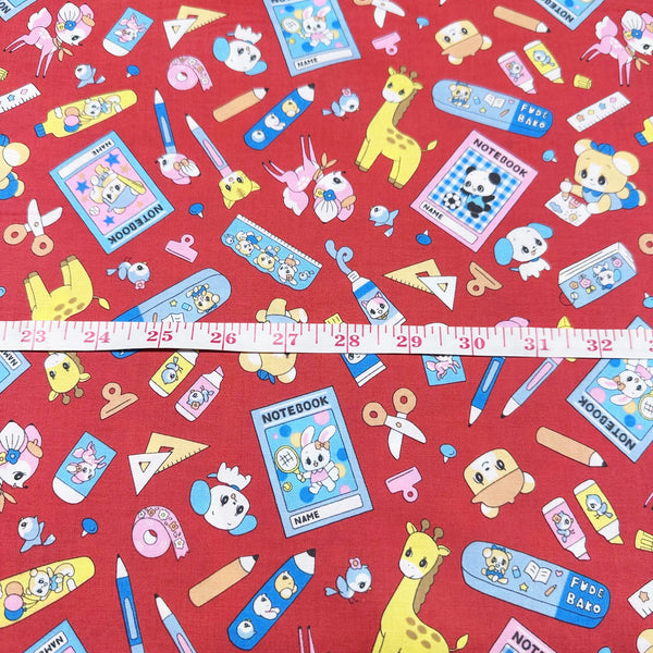 Retro Kawaii Animals and School Supplies Cotton Fabric by Marron Nagao, Imported from Japan, Red 