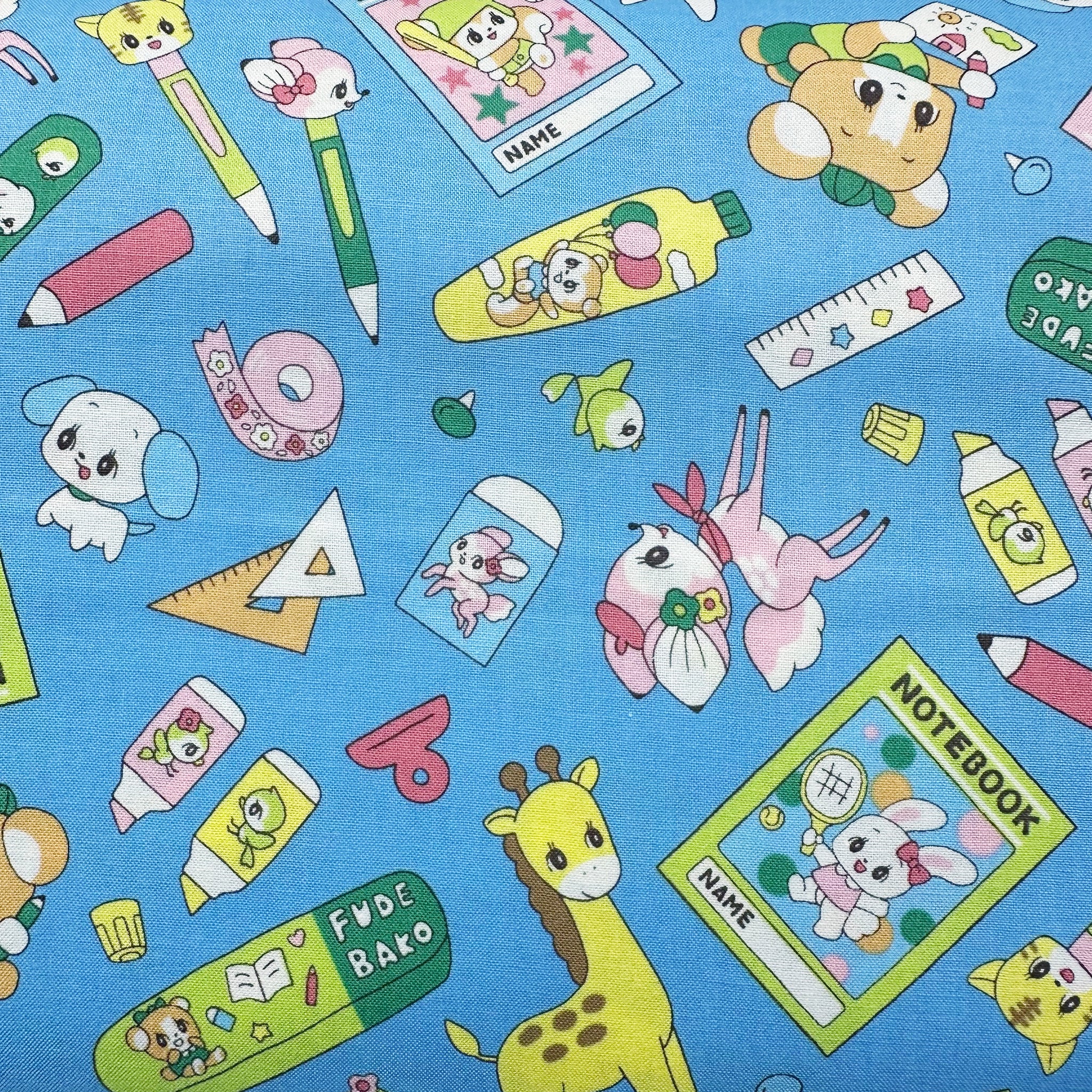 Retro Kawaii Animals and School Supplies Cotton Fabric by Marron Nagao, Imported from Japan, Sky Blue