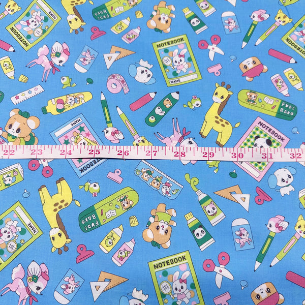 Retro Kawaii Animals and School Supplies Cotton Fabric by Marron Nagao, Imported from Japan, Sky Blue
