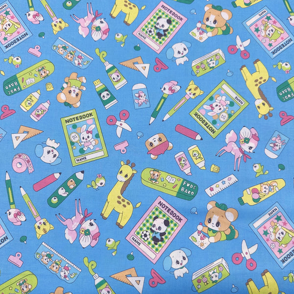 Retro Kawaii Animals and School Supplies Cotton Fabric by Marron Nagao, Imported from Japan, Sky Blue