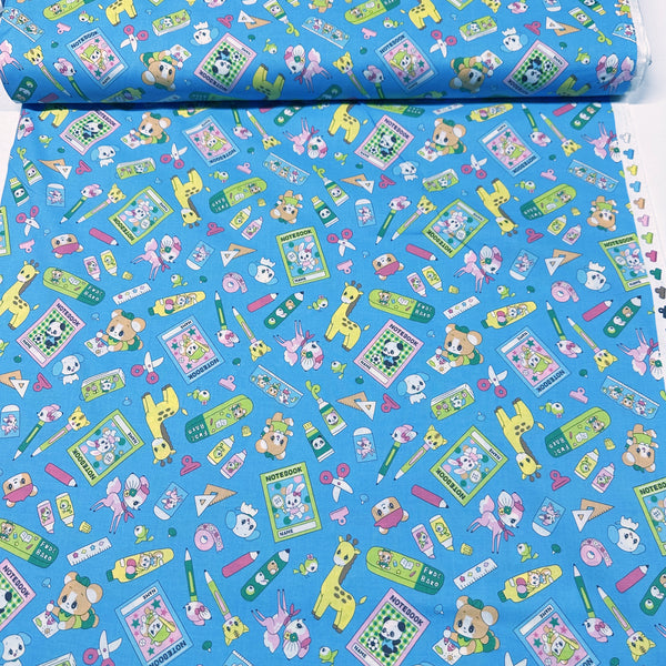 Retro Kawaii Animals and School Supplies Cotton Fabric by Marron Nagao, Imported from Japan, Sky Blue