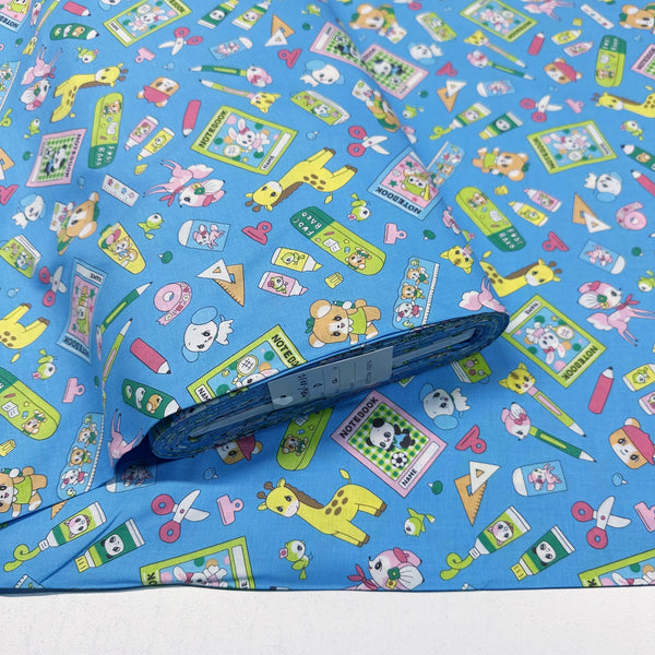 Retro Kawaii Animals and School Supplies Cotton Fabric by Marron Nagao, Imported from Japan, Sky Blue