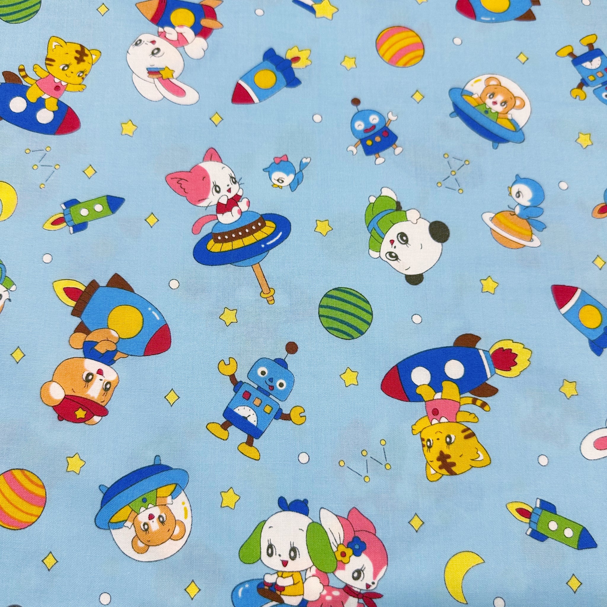 Retro Kawaii Animals in Space Cotton Fabric by Marron Nagao, Imported from Japan, Rocket Ships on Blue
