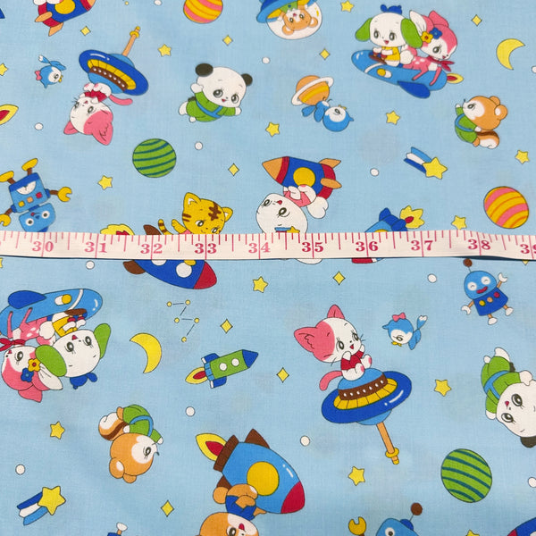 Retro Kawaii Animals in Space Cotton Fabric by Marron Nagao, Imported from Japan, Rocket Ships on Blue