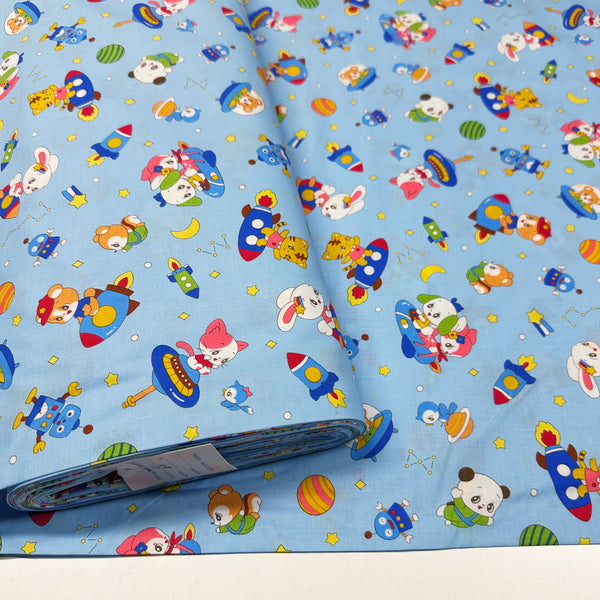 Retro Kawaii Animals in Space Cotton Fabric by Marron Nagao, Imported from Japan, Rocket Ships on Blue