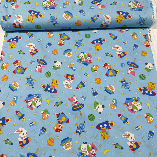 Retro Kawaii Animals in Space Cotton Fabric by Marron Nagao, Imported from Japan, Rocket Ships on Blue