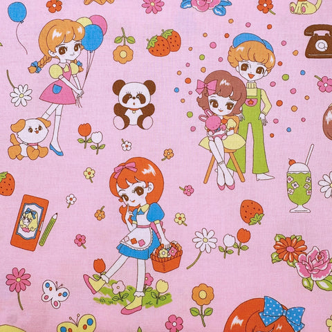 Retro Kawaii Cute Animals and Girls Cotton Fabric - Saori Oguchi Imported from Japan - BTY Pink
