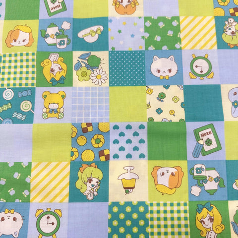 Retro Kawaii Cute Animals and Girls Cotton Fabric - Saori Oguchi Imported from Japan - Green Blue Squares Patchwork