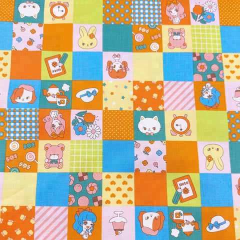 Retro Kawaii Cute Animals and Girls Cotton Fabric - Saori Oguchi Imported from Japan - Orange Blue Green Squares Patchwork
