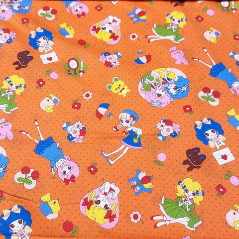 Retro Kawaii Cute Animals and Girls Cotton Fabric - Saori Oguchi Imported from Japan - Orange Polka Dots