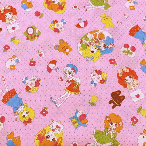 Retro Kawaii Cute Animals and Girls Cotton Fabric - Saori Oguchi Imported from Japan - Pink Polka Dots