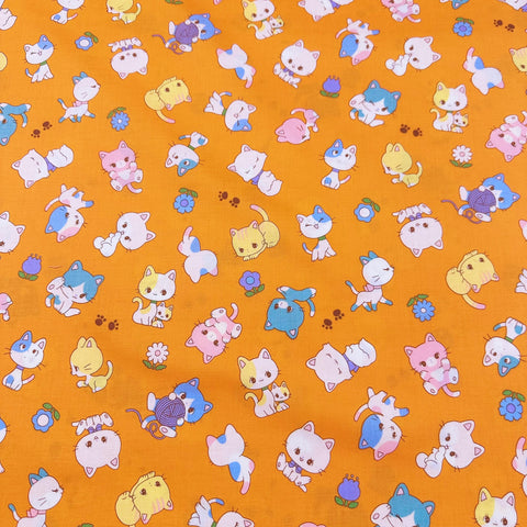 Retro Kawaii Cute Kitties Cats Cotton Fabric - Saori Oguchi Imported from Japan - Orange