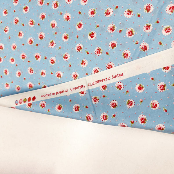 Retro Roses on Blue Cotton Fabric by Happy Message 30s, Imported from Japan