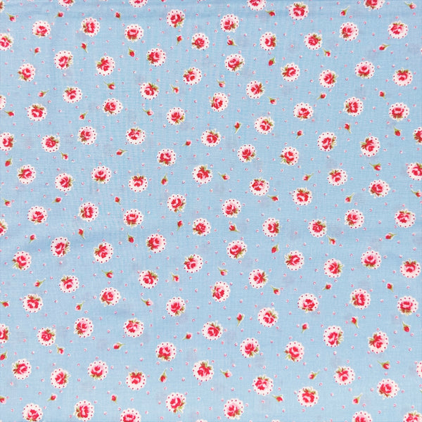 Retro Roses on Blue Cotton Fabric by Happy Message 30s, Imported from Japan