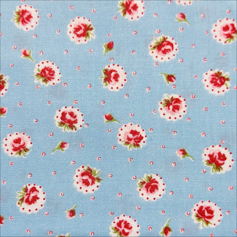 Retro Roses on Blue Cotton Fabric by Happy Message 30s, Imported from Japan