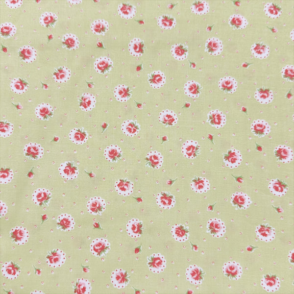 Retro Roses on Green Cotton Fabric by Happy Message 30s, Imported from Japan