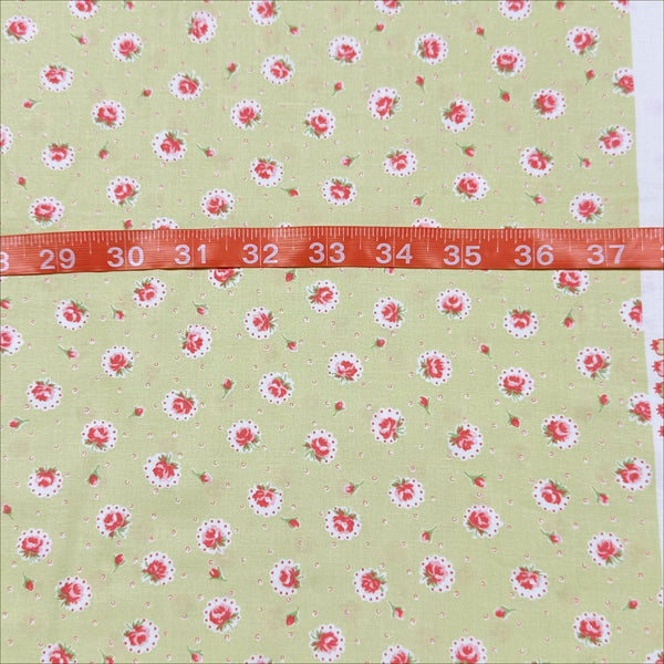 Retro Roses on Green Cotton Fabric by Happy Message 30s, Imported from Japan