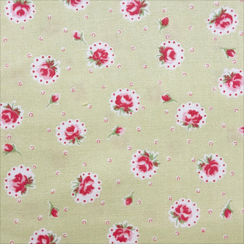 Retro Roses on Green Cotton Fabric by Happy Message 30s, Imported from Japan
