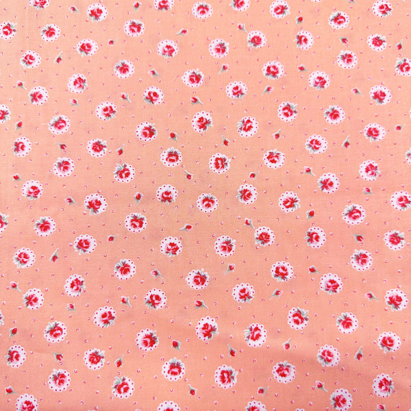 Retro Roses on Peach Cotton Fabric by Happy Message 30s, Imported from Japan