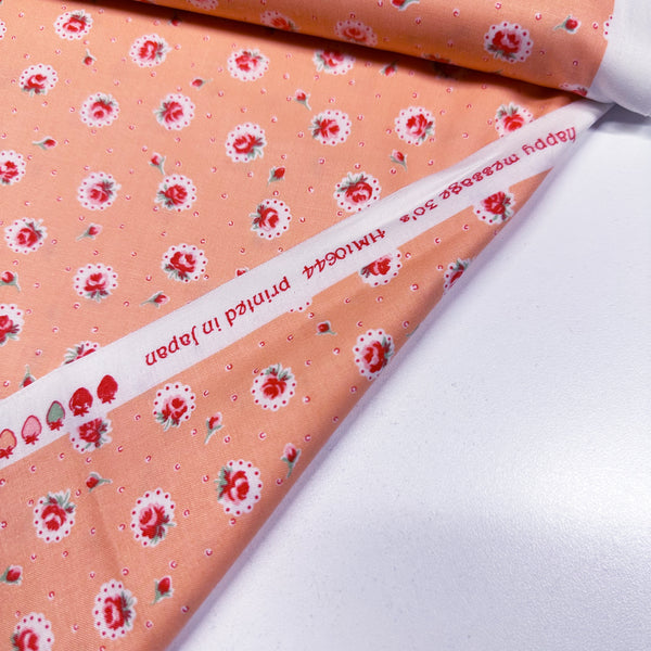 Retro Roses on Peach Cotton Fabric by Happy Message 30s, Imported from Japan