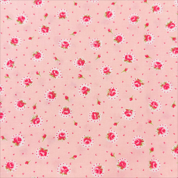 Retro Roses on Pink Cotton Fabric by Happy Message 30s, Imported from Japan