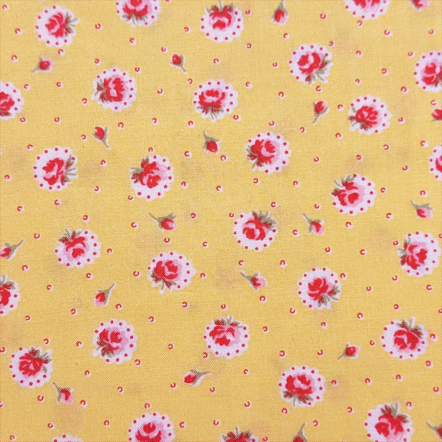 Retro Roses on Yellow Cotton Fabric by Happy Message 30s, Imported from Japan