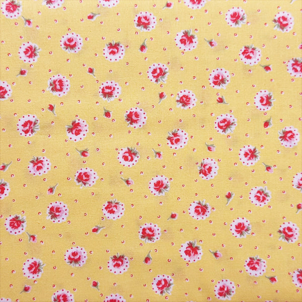 Retro Roses on Yellow Cotton Fabric by Happy Message 30s, Imported from Japan