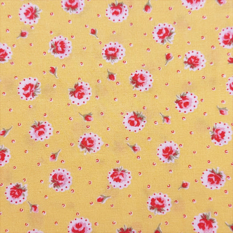 Retro Roses on Yellow Cotton Fabric by Happy Message 30s, Imported from Japan