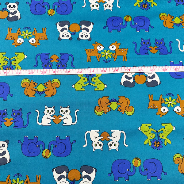 Retro School Animal Friends Cotton Oxford Fabric by Kokka, YKA-29040-2 Teal