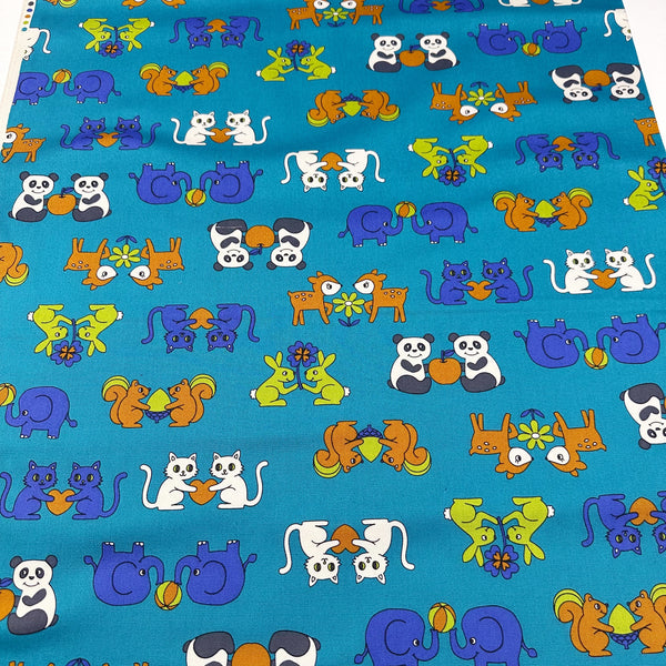 Retro School Animal Friends Cotton Oxford Fabric by Kokka, YKA-29040-2 Teal