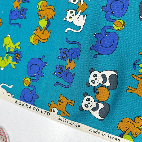 Retro School Animal Friends Cotton Oxford Fabric by Kokka, YKA-29040-2 Teal