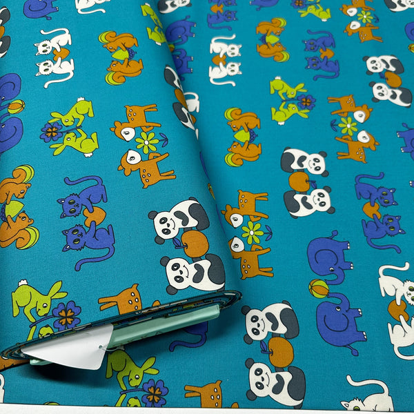Retro School Animal Friends Cotton Oxford Fabric by Kokka, YKA-29040-2 Teal
