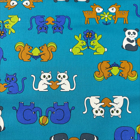 Retro School Animal Friends Cotton Oxford Fabric by Kokka, YKA-29040-2 Teal