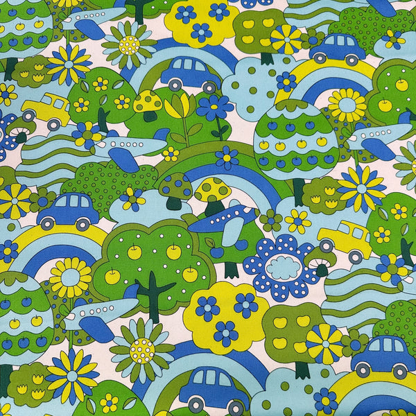 Retro School Rainbow Forest Cotton Oxford Fabric by Kokka, YKA-29040-1, Green Blue