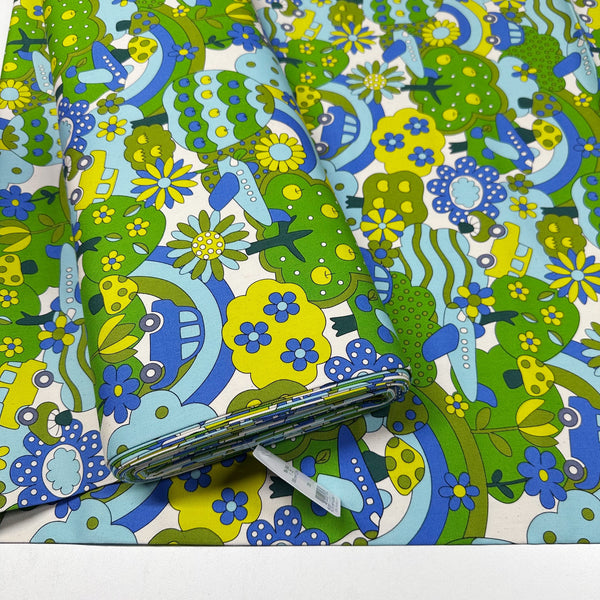 Retro School Rainbow Forest Cotton Oxford Fabric by Kokka, YKA-29040-1, Green Blue