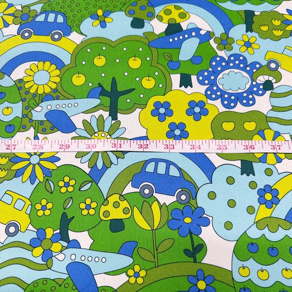 Retro School Rainbow Forest Cotton Oxford Fabric by Kokka, YKA-29040-1, Green Blue