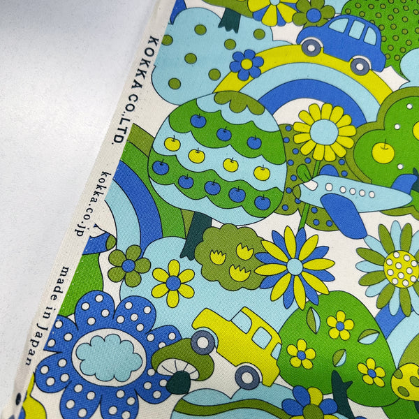 Retro School Rainbow Forest Cotton Oxford Fabric by Kokka, YKA-29040-1, Green Blue