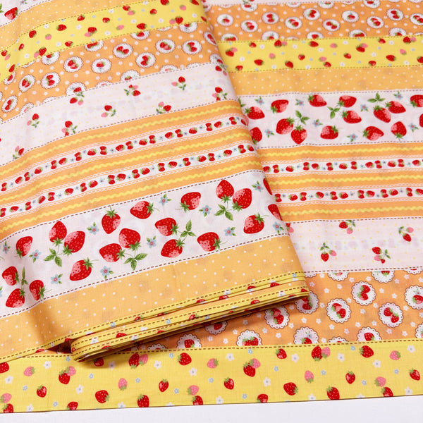 Retro Strawberry Stripe on Peach Cotton Fabric by Happy Message 30s, Imported from Japan