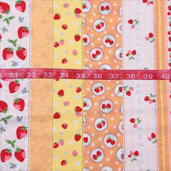Retro Strawberry Stripe on Peach Cotton Fabric by Happy Message 30s, Imported from Japan