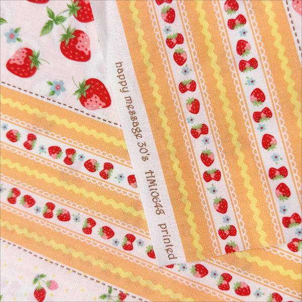 Retro Strawberry Stripe on Peach Cotton Fabric by Happy Message 30s, Imported from Japan