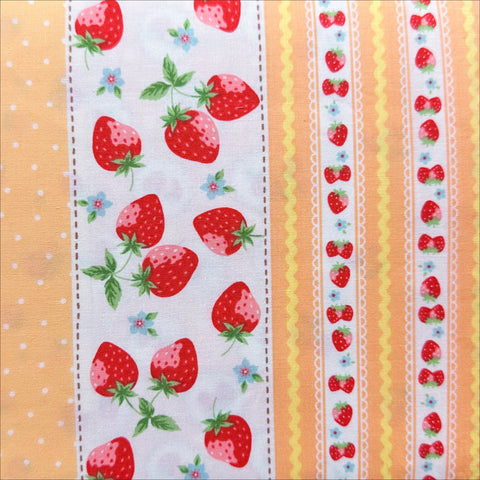 Retro Strawberry Stripe on Peach Cotton Fabric by Happy Message 30s, Imported from Japan