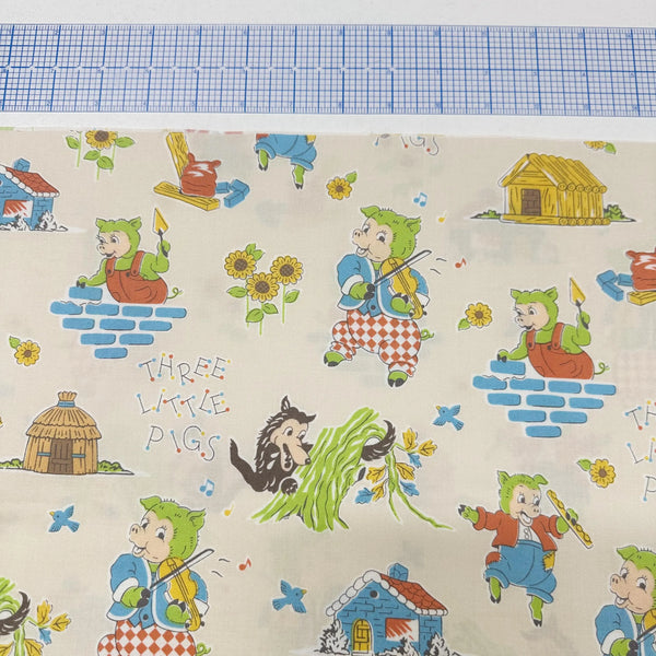 Retro Three Little Cotton Fabric by Vintage Time - Imported from Japan - Nursery Rhyme Pigs Big Bad Wolf on Cream