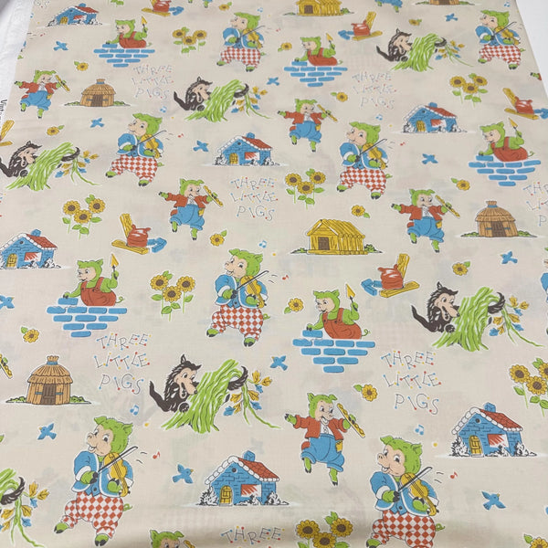 Retro Three Little Cotton Fabric by Vintage Time - Imported from Japan - Nursery Rhyme Pigs Big Bad Wolf on Cream