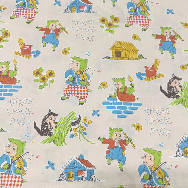 Retro Three Little Cotton Fabric by Vintage Time - Imported from Japan - Nursery Rhyme Pigs Big Bad Wolf on Cream