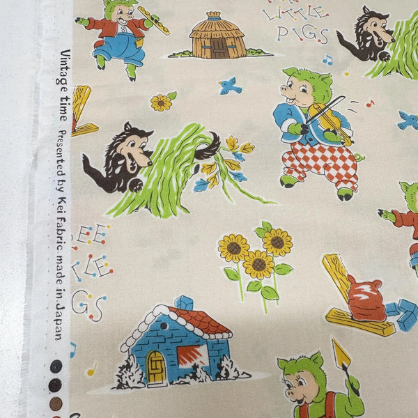 Retro Three Little Cotton Fabric by Vintage Time - Imported from Japan - Nursery Rhyme Pigs Big Bad Wolf on Cream