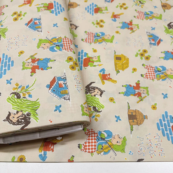 Retro Three Little Cotton Fabric by Vintage Time - Imported from Japan - Nursery Rhyme Pigs Big Bad Wolf on Cream