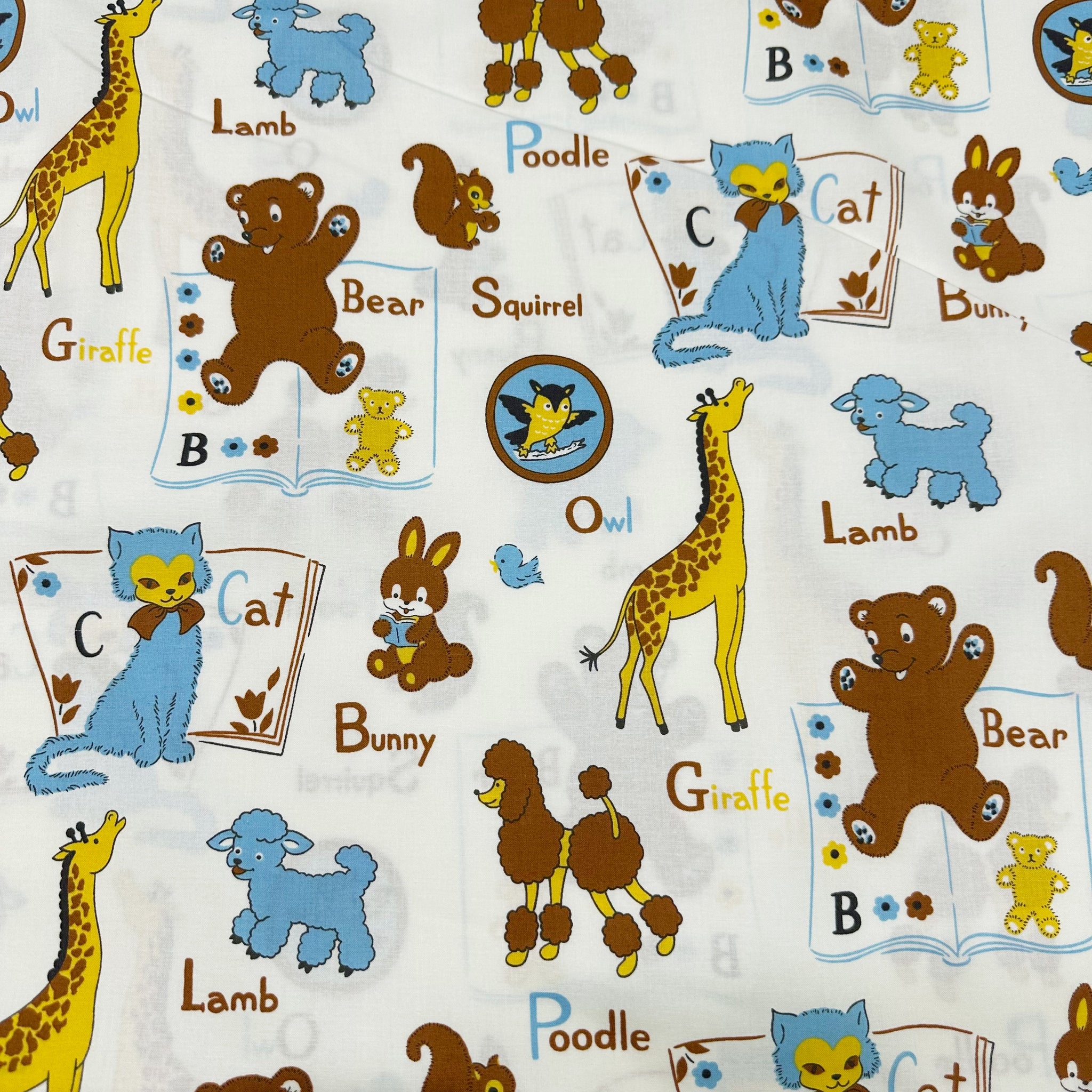 Retro Vintage Time Retro Toys Cute Animals Cotton Fabric-Imported from Japan - Teddy Bears Books Cats Lambs Nursery Print, Ivory