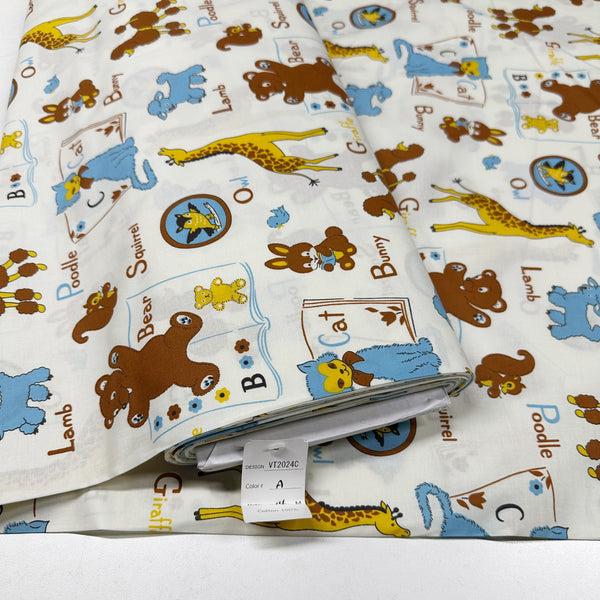 Retro Vintage Time Retro Toys Cute Animals Cotton Fabric-Imported from Japan - Teddy Bears Books Cats Lambs Nursery Print, Ivory