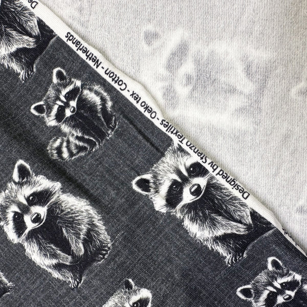 Rocky Raccoon Digital Print French Terry Knit Fabric, Imported from the Netherlands 26538-16 Charcoal
